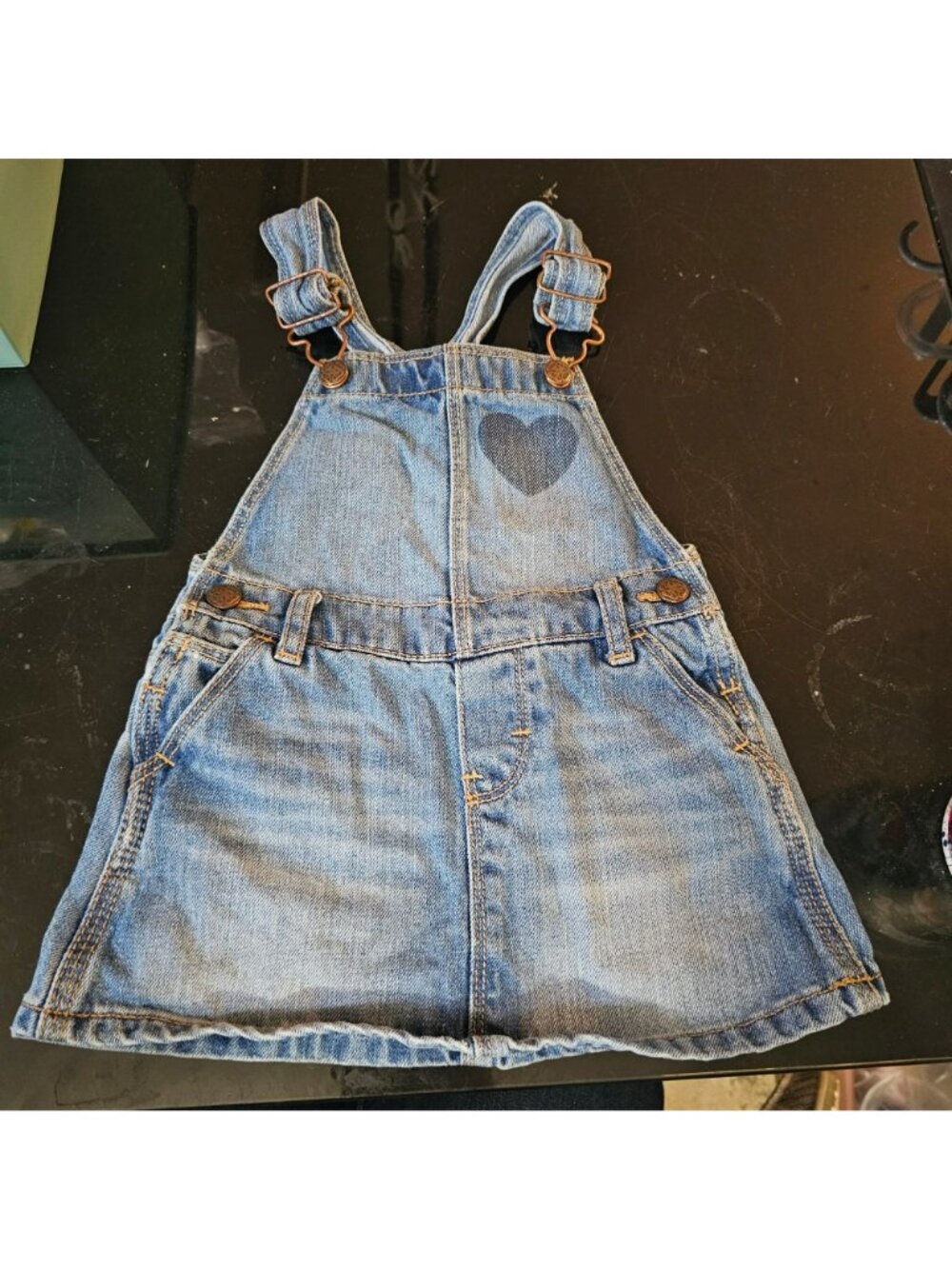 OshKosh Bgosh Denim Overall Dress Toddler 24M Vintage Style Heart Design